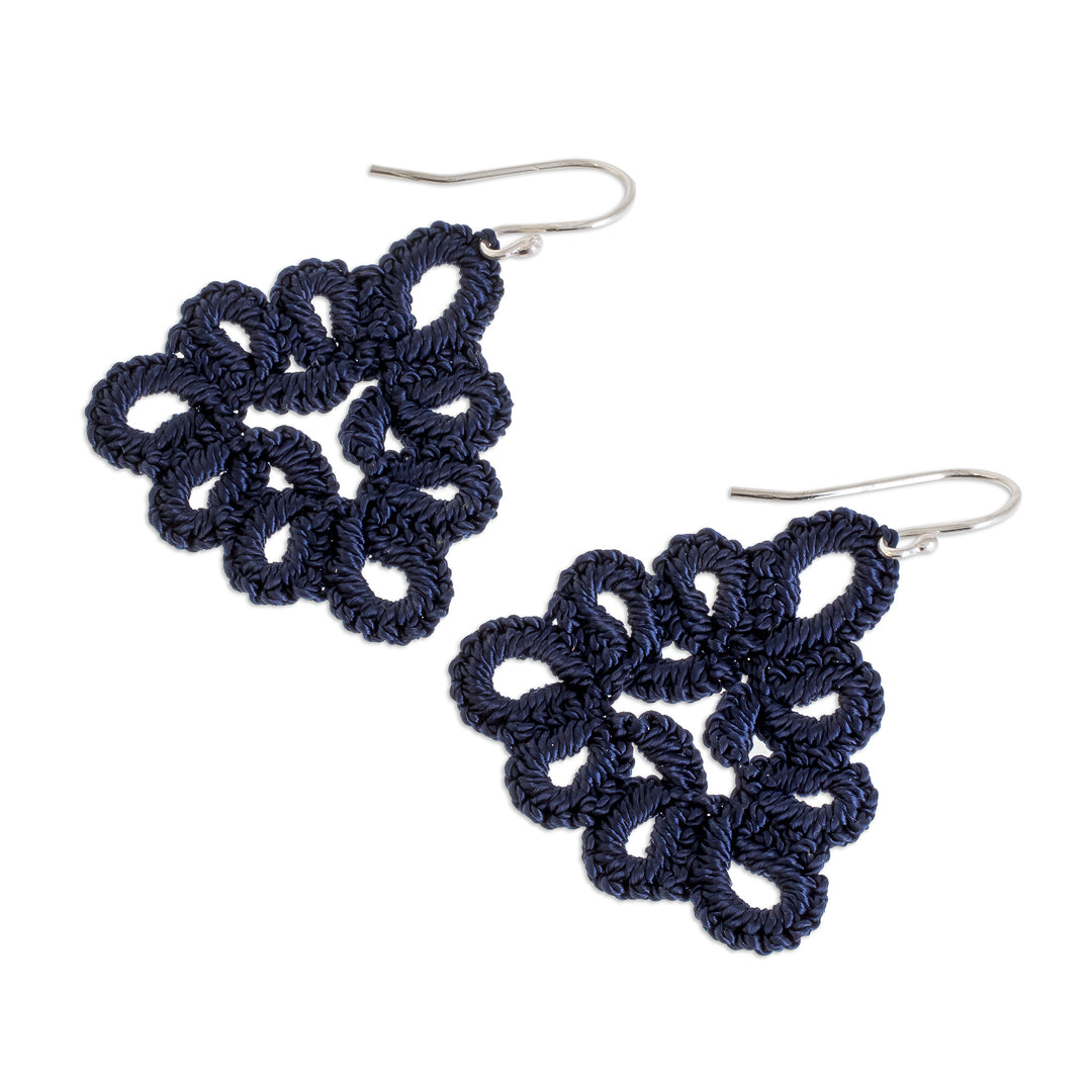 Hand-Tatted Dangle Earrings in Indigo from Guatemala - Petal Essence in Indigo