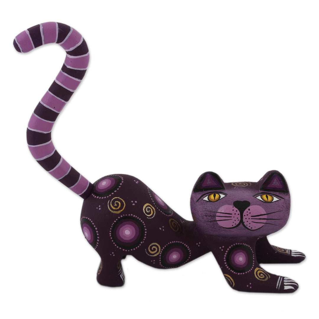 Handcrafted Purple Wood Alebrije Playful Cat Figurine - Curiosity Cousin in Purple