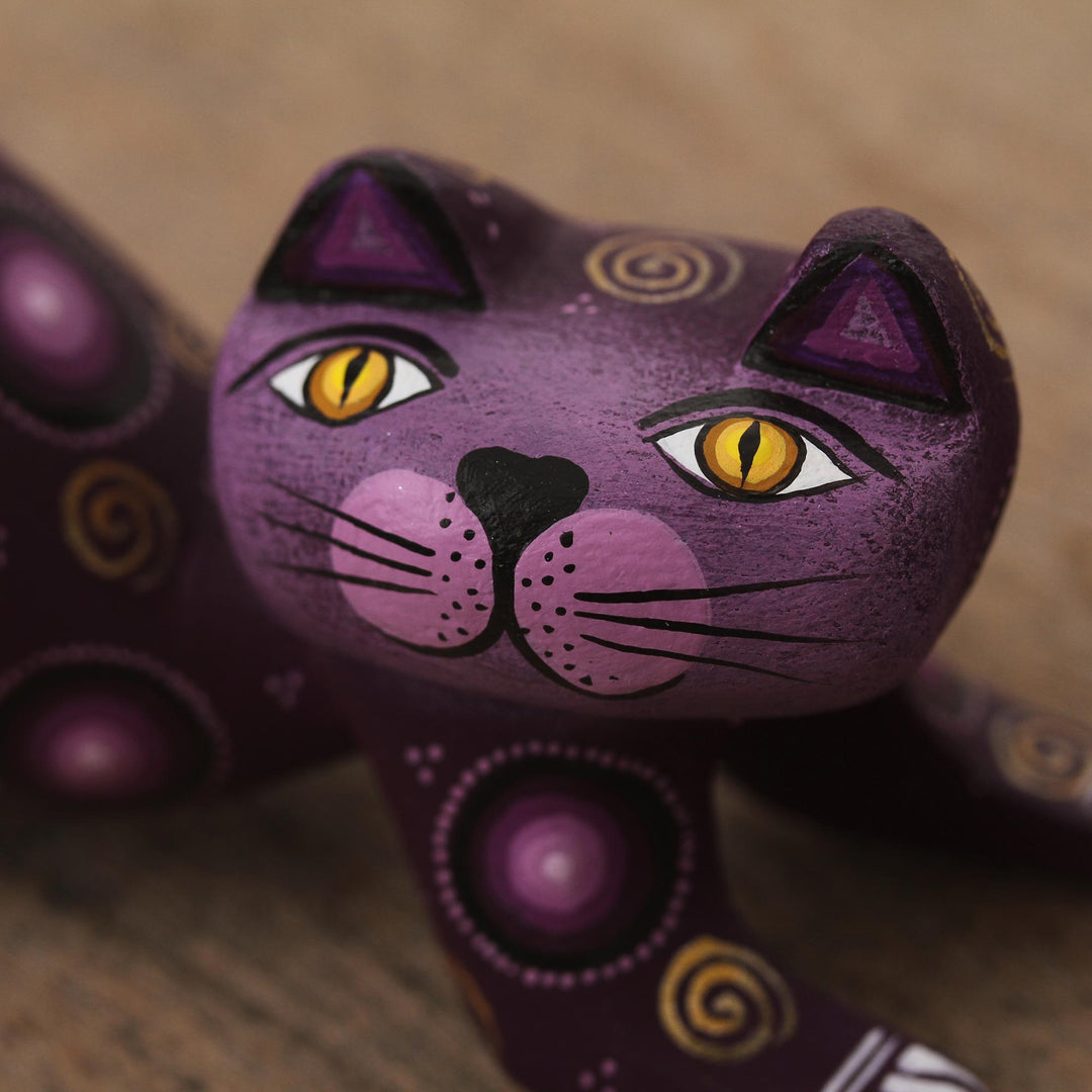 Handcrafted Purple Wood Alebrije Playful Cat Figurine - Curiosity Cousin in Purple