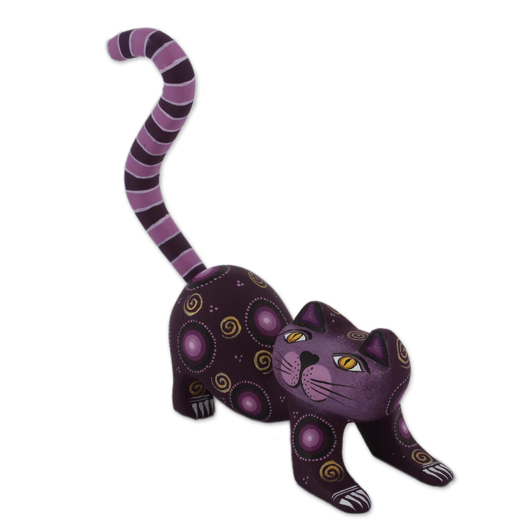 Handcrafted Purple Wood Alebrije Playful Cat Figurine - Curiosity Cousin in Purple