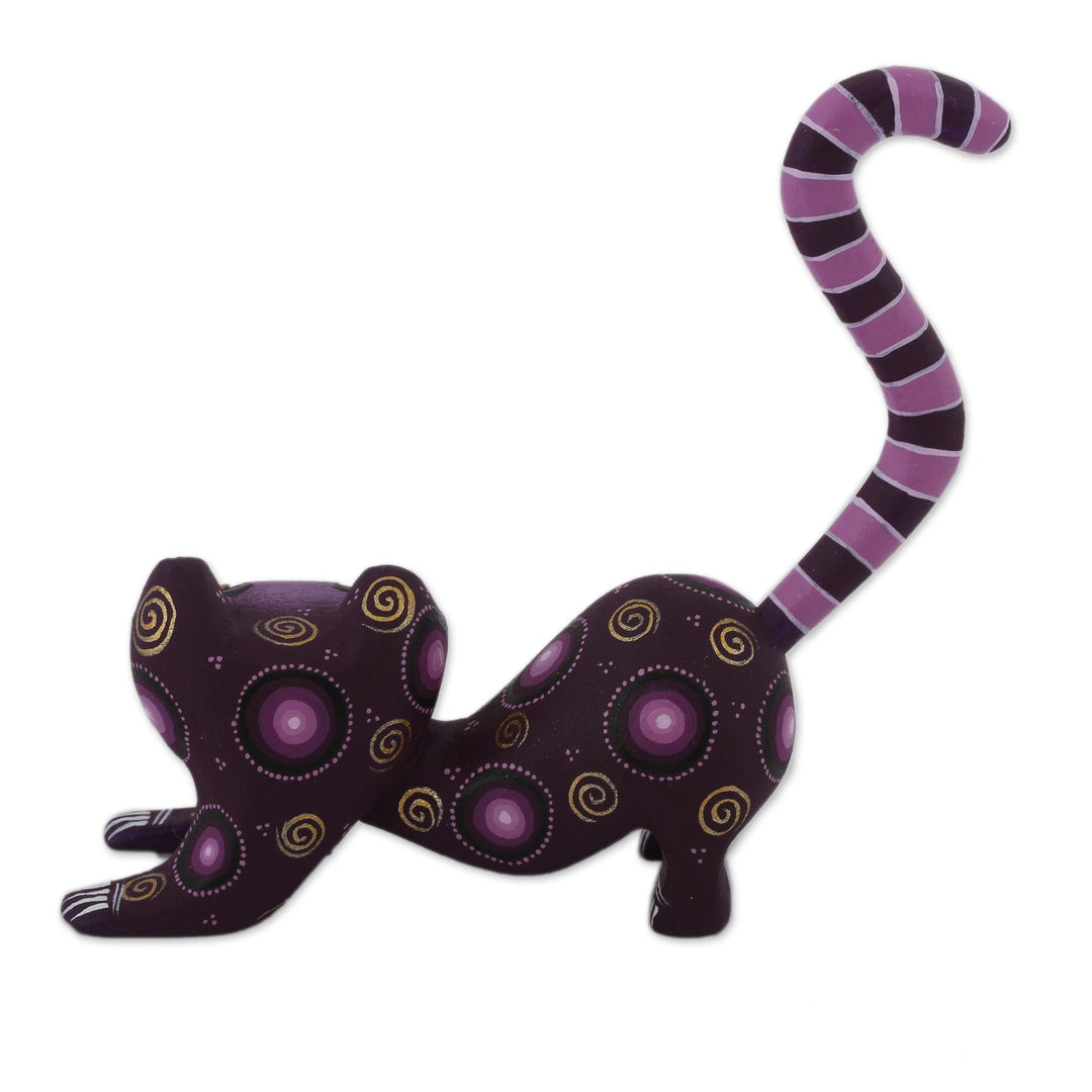 Handcrafted Purple Wood Alebrije Playful Cat Figurine - Curiosity Cousin in Purple