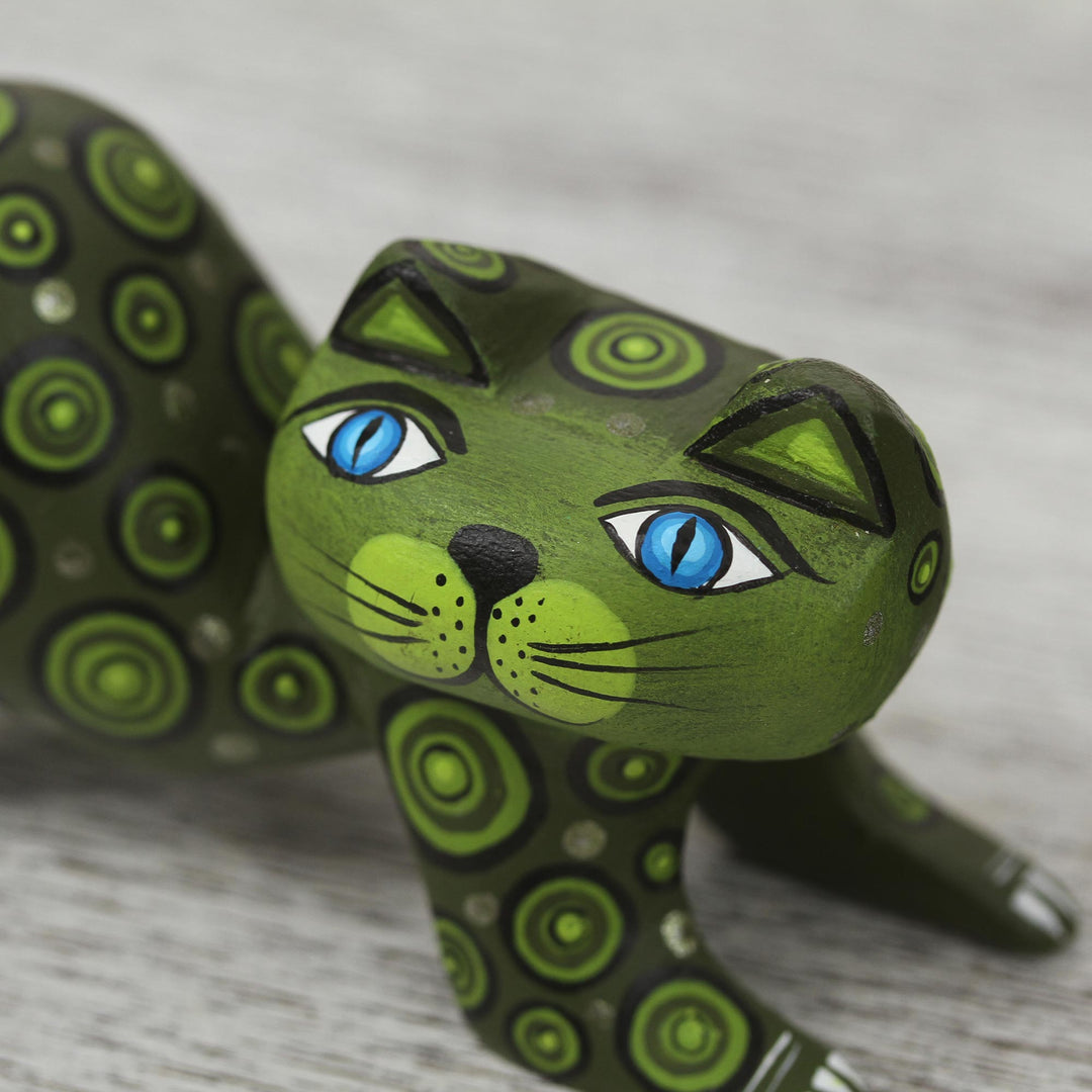 Handcrafted Green Wood Alebrije Playful Cat Figurine - Curiosity Cousin in Green