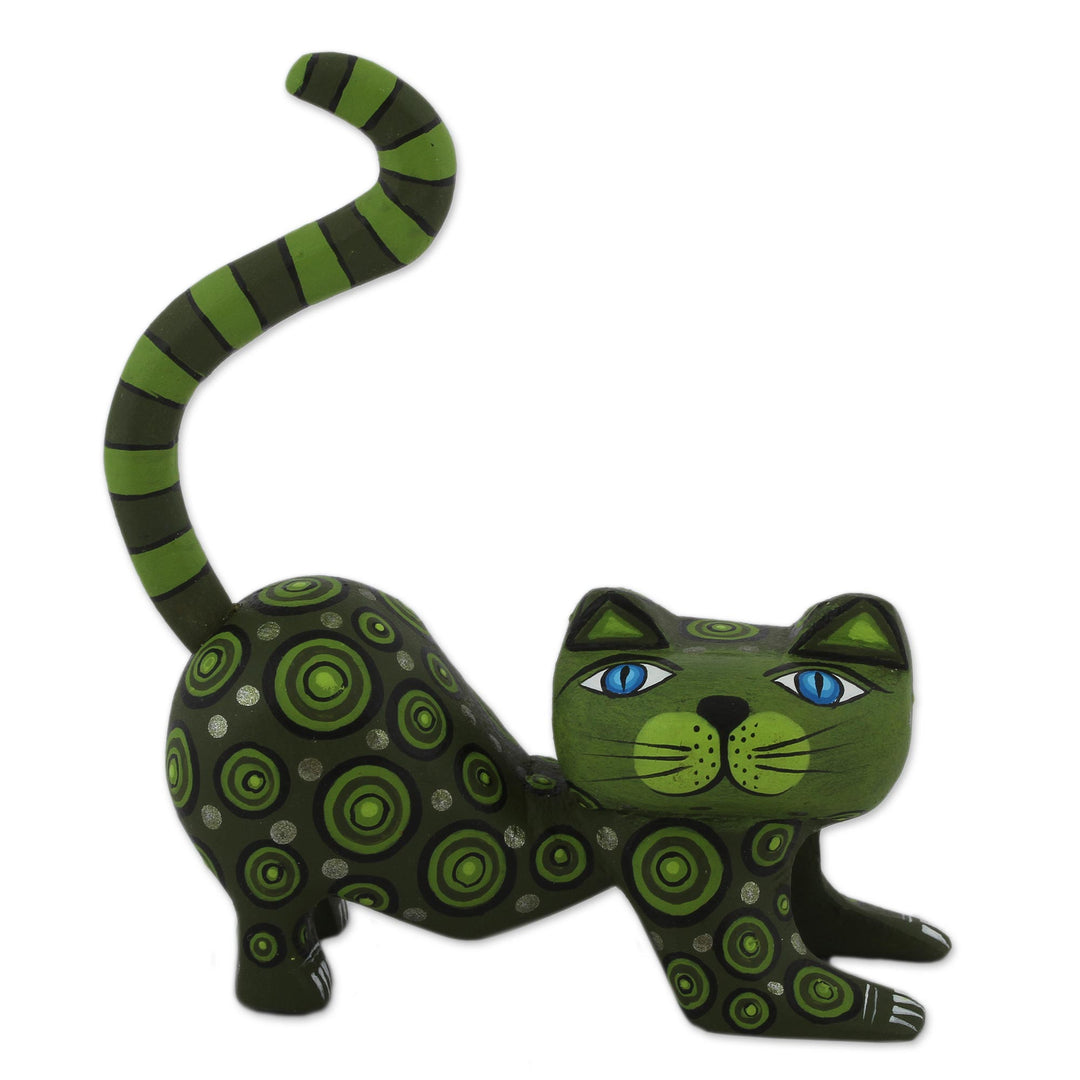 Handcrafted Green Wood Alebrije Playful Cat Figurine - Curiosity Cousin in Green