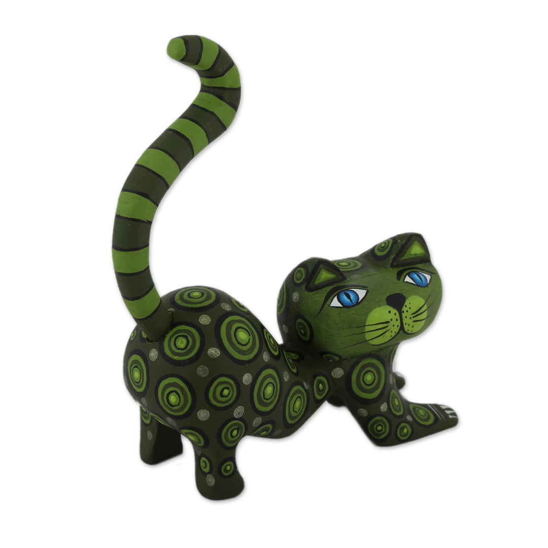 Handcrafted Green Wood Alebrije Playful Cat Figurine - Curiosity Cousin in Green