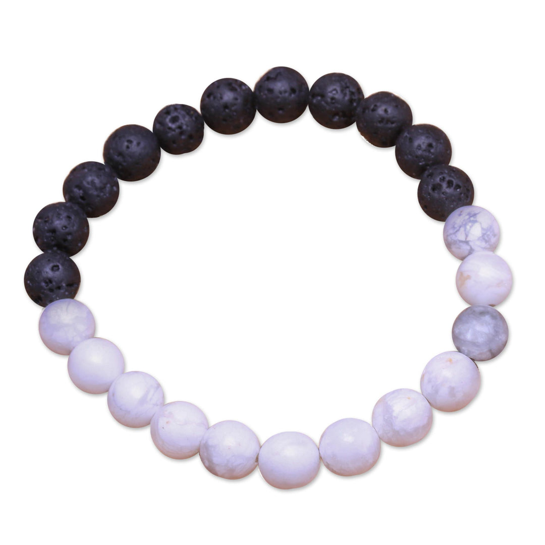 Ceramic and Lava Stone Beaded Stretch Bracelet from Bali - Mesmerizing Contrast