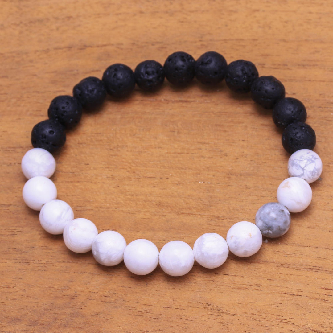 Ceramic and Lava Stone Beaded Stretch Bracelet from Bali - Mesmerizing Contrast