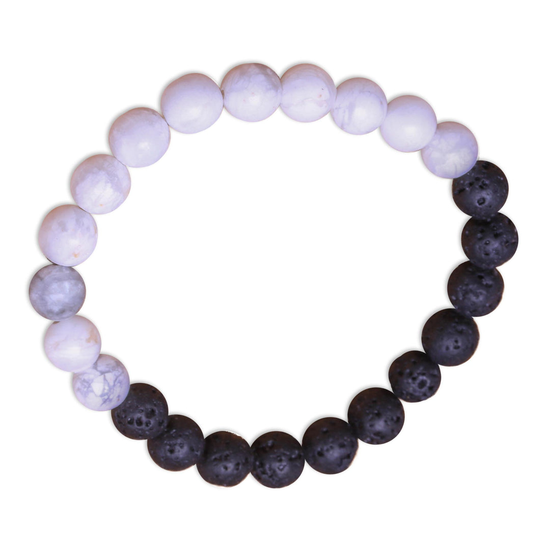 Ceramic and Lava Stone Beaded Stretch Bracelet from Bali - Mesmerizing Contrast