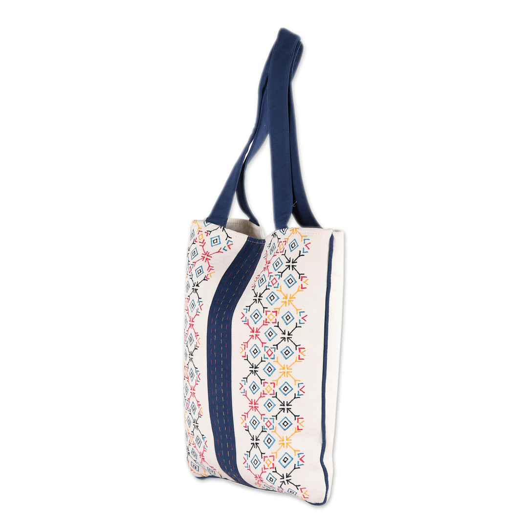 Geometric Embroidered Cotton Shoulder Bag from India - Vibrant Embroidery