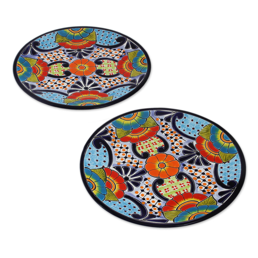 Talavera Ceramic Dinner Plates from Mexico (Pair) - Raining Flowers