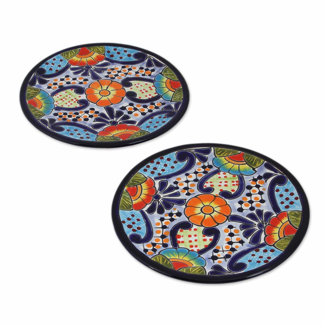 Talavera Ceramic Dessert Plates from Mexico (Pair) - Raining Flowers