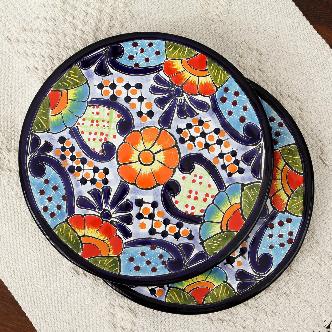 Talavera Ceramic Dessert Plates from Mexico (Pair) - Raining Flowers