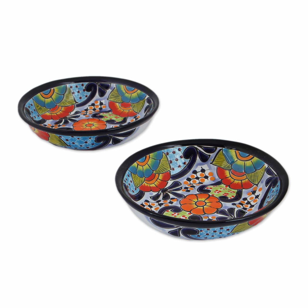 Hand-Painted Talavera Ceramic Bowls from Mexico (Pair) - Raining Flowers