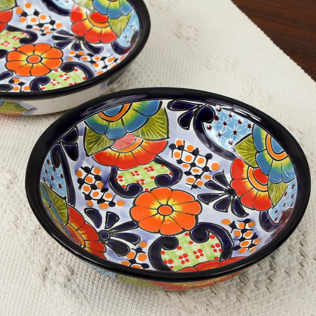 Hand-Painted Talavera Ceramic Bowls from Mexico (Pair) - Raining Flowers