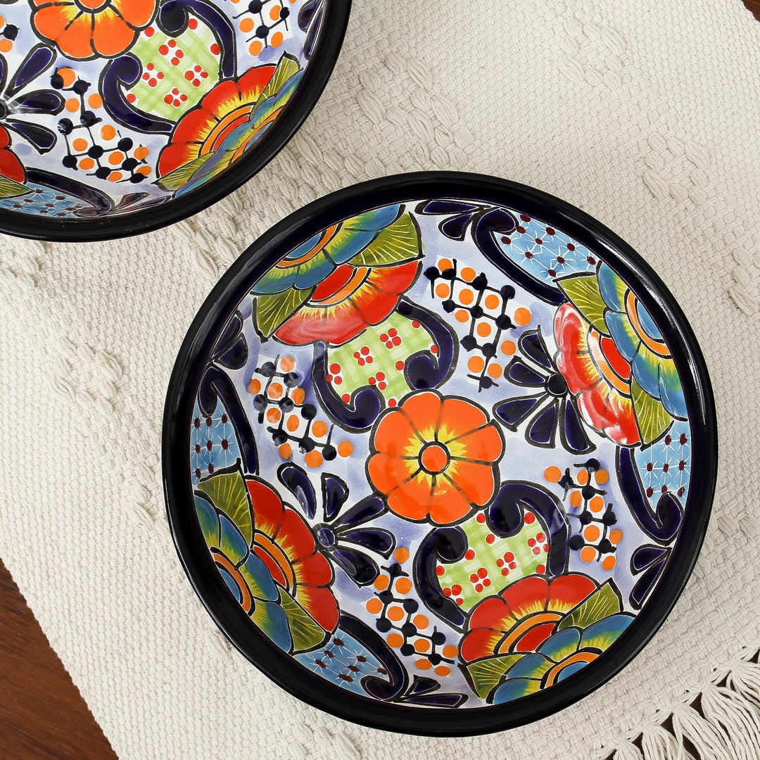 Hand-Painted Talavera Ceramic Bowls from Mexico (Pair) - Raining Flowers