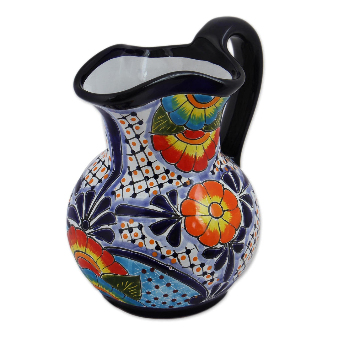 Hand-Painted Talavera Style Ceramic Pitcher from Mexico - Raining Flowers