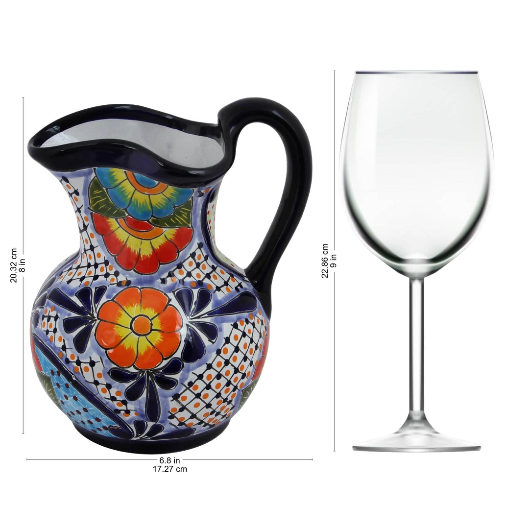 Hand-Painted Talavera Style Ceramic Pitcher from Mexico - Raining Flowers
