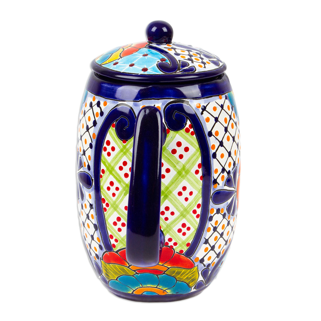 Hand-Painted Talavera Style Ceramic Coffee Pot from Mexico - Raining Flowers
