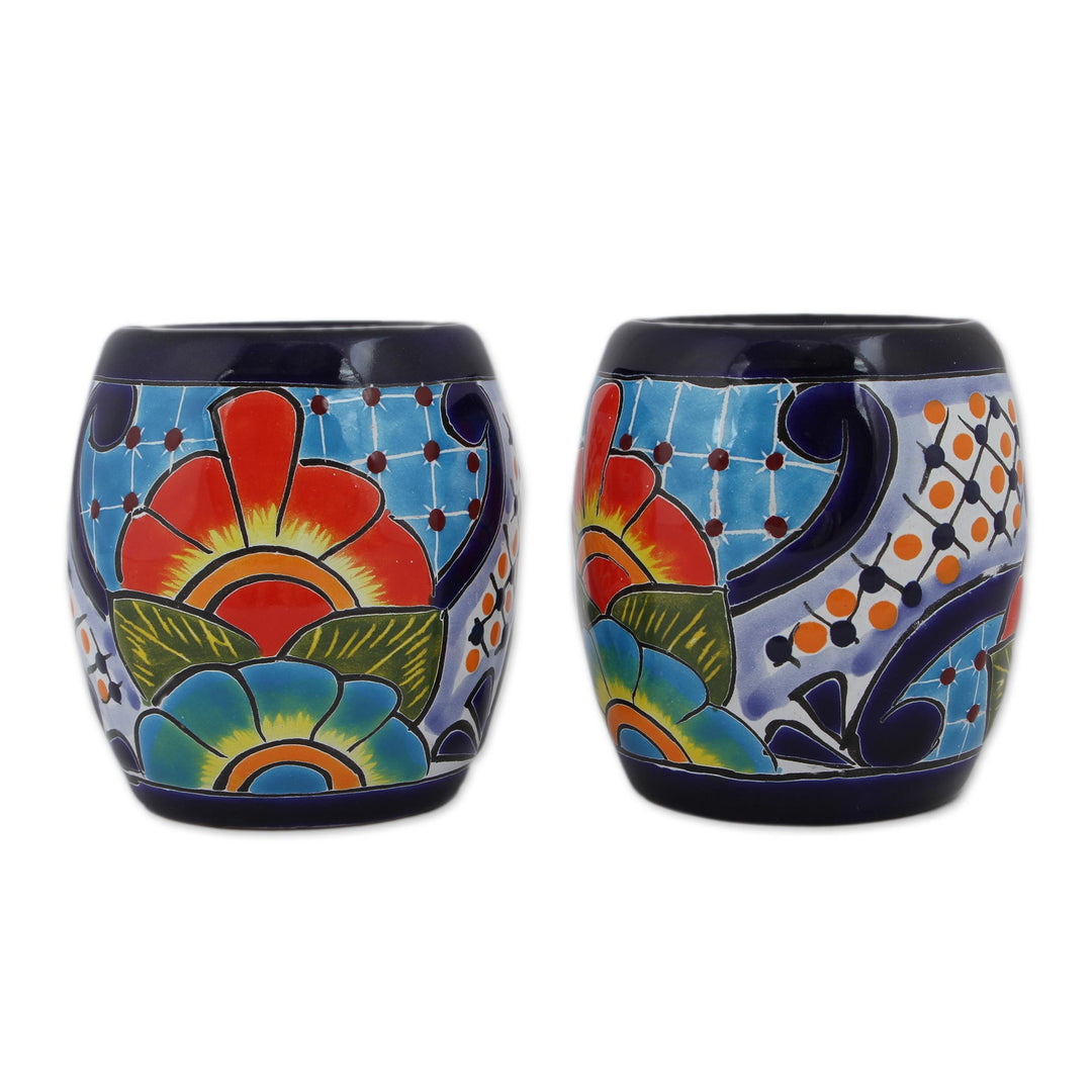 Handmade Talavera Ceramic Juice Glasses from Mexico (Pair) - Raining Flowers