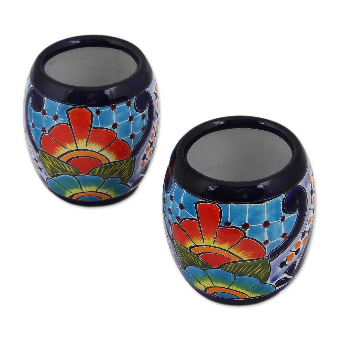 Handmade Talavera Ceramic Juice Glasses from Mexico (Pair) - Raining Flowers