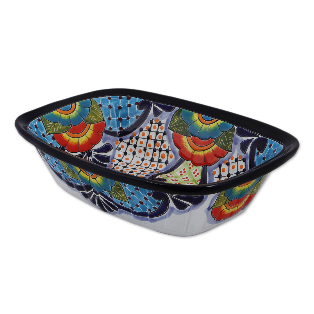 Hand-Painted Talavera Ceramic Serving Bowl from Mexico - Raining Flowers