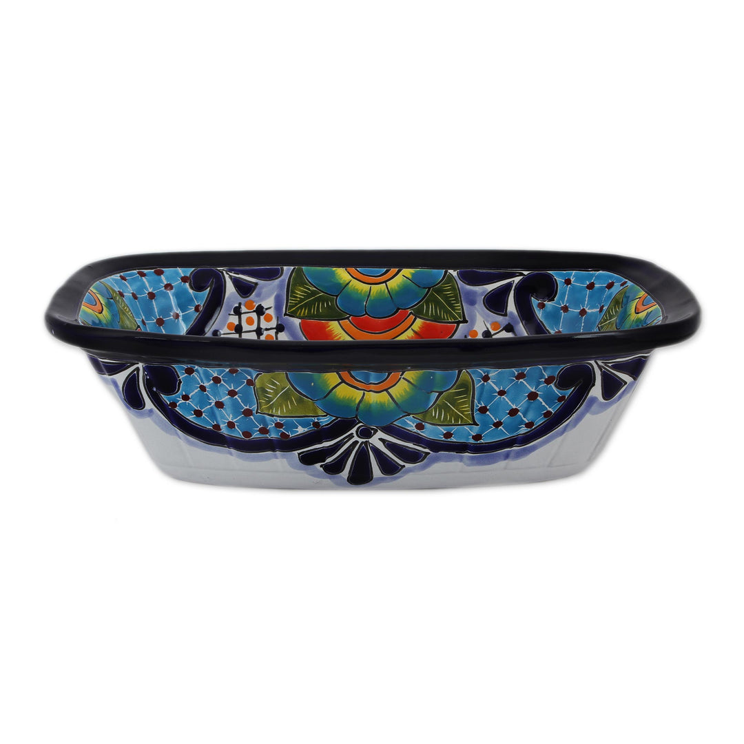 Hand-Painted Talavera Ceramic Serving Bowl from Mexico - Raining Flowers