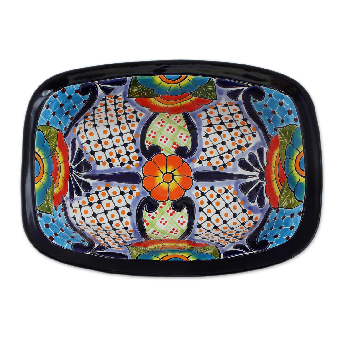 Hand-Painted Talavera Ceramic Serving Bowl from Mexico - Raining Flowers