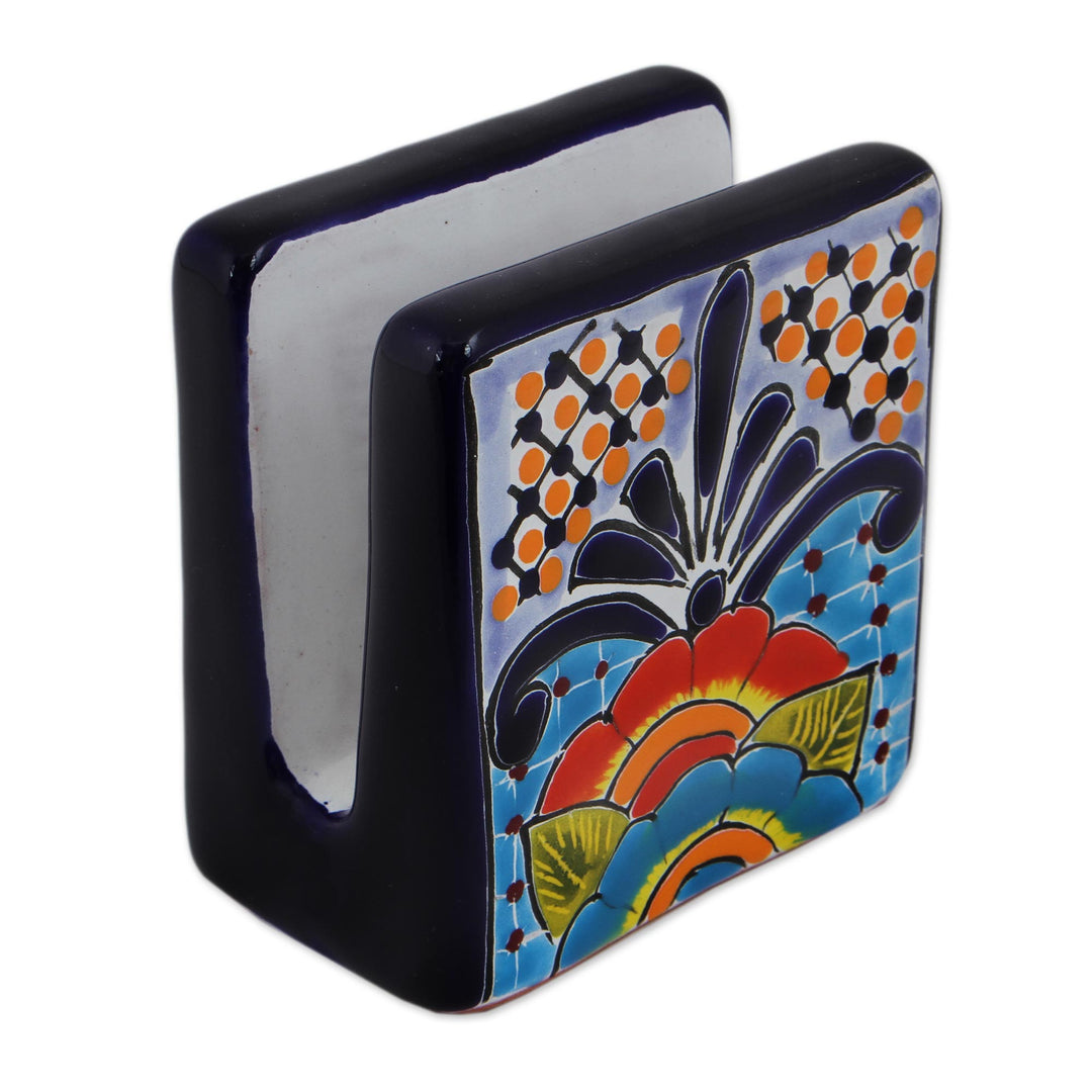 Hand-Painted Talavera Ceramic Napkin Holder from Mexico - Raining Flowers