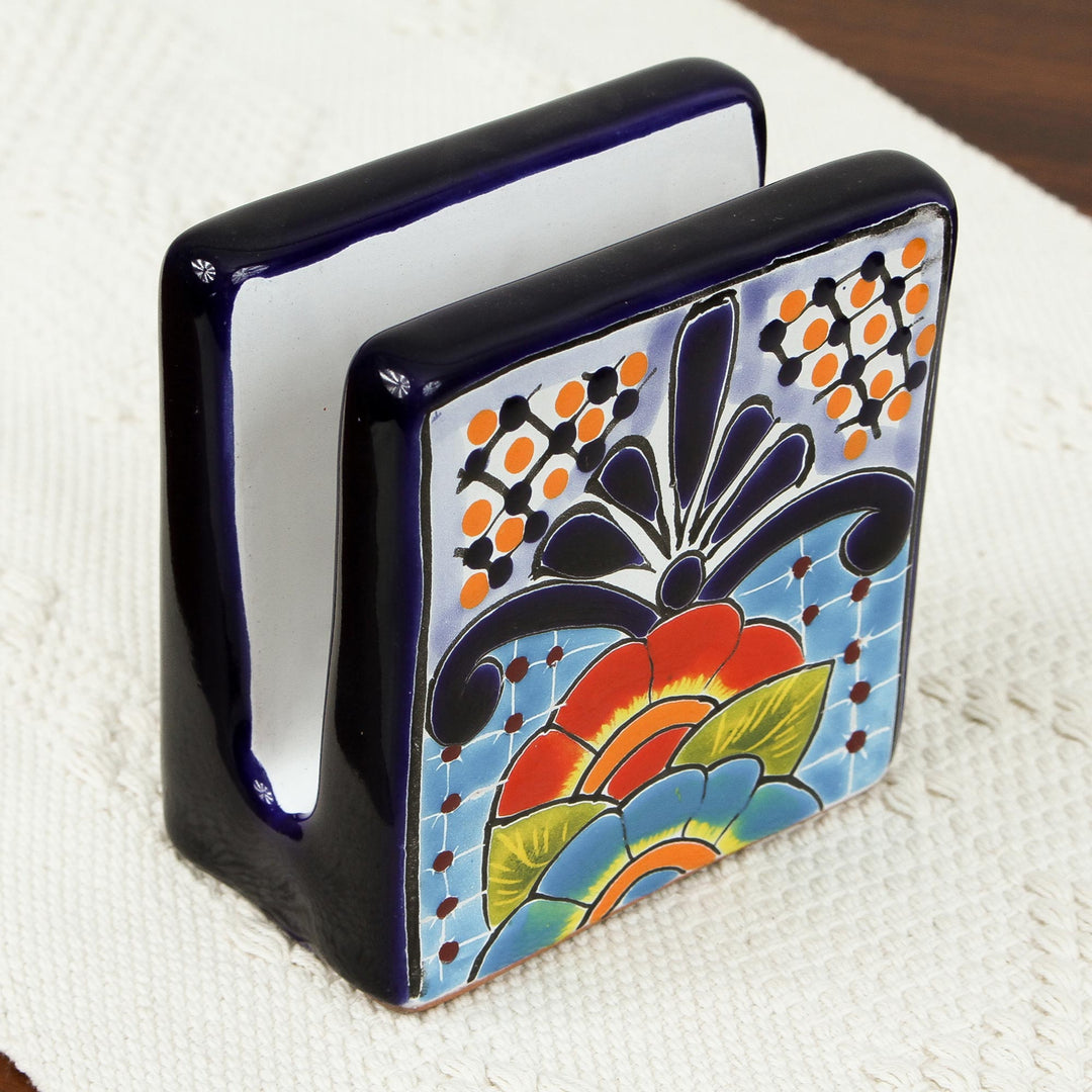 Hand-Painted Talavera Ceramic Napkin Holder from Mexico - Raining Flowers
