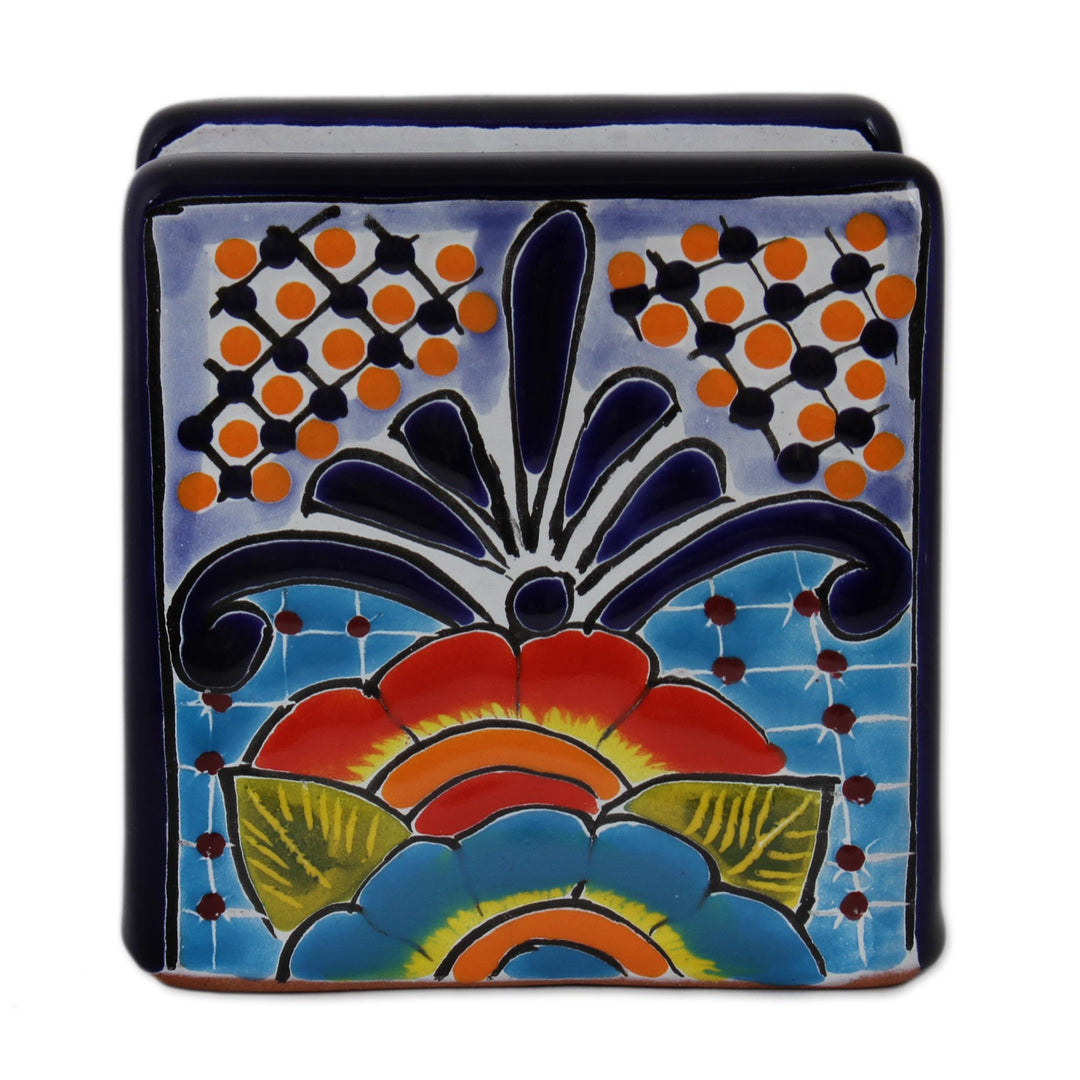 Hand-Painted Talavera Ceramic Napkin Holder from Mexico - Raining Flowers