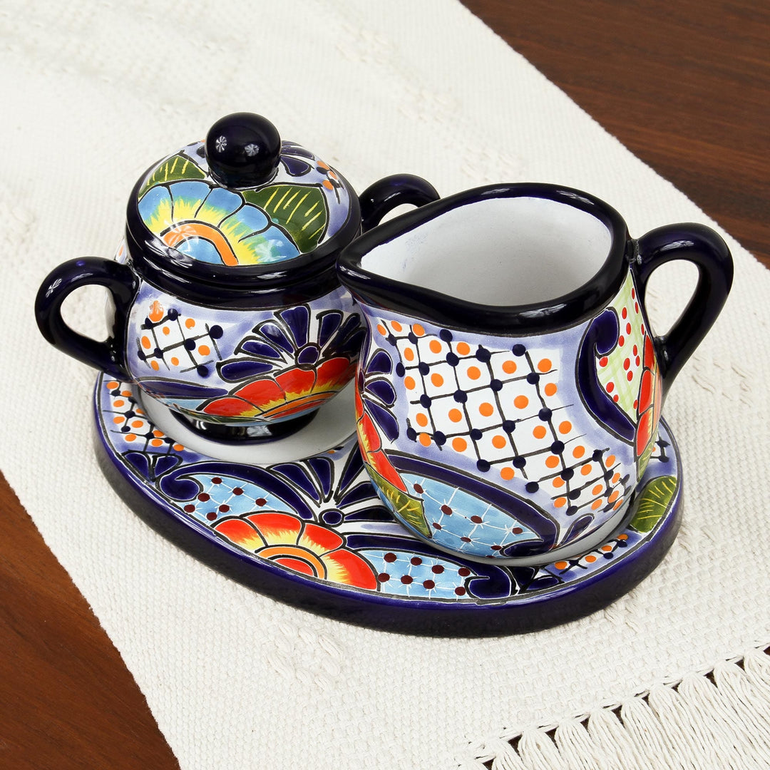 Talavera Ceramic Creamer and Sugar Bowl Set (3 Pieces) - Raining Flowers