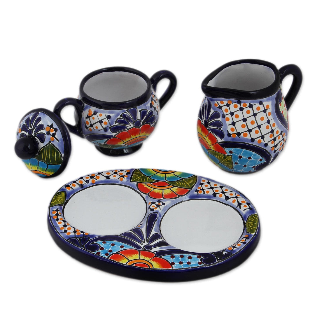 Talavera Ceramic Creamer and Sugar Bowl Set (3 Pieces) - Raining Flowers