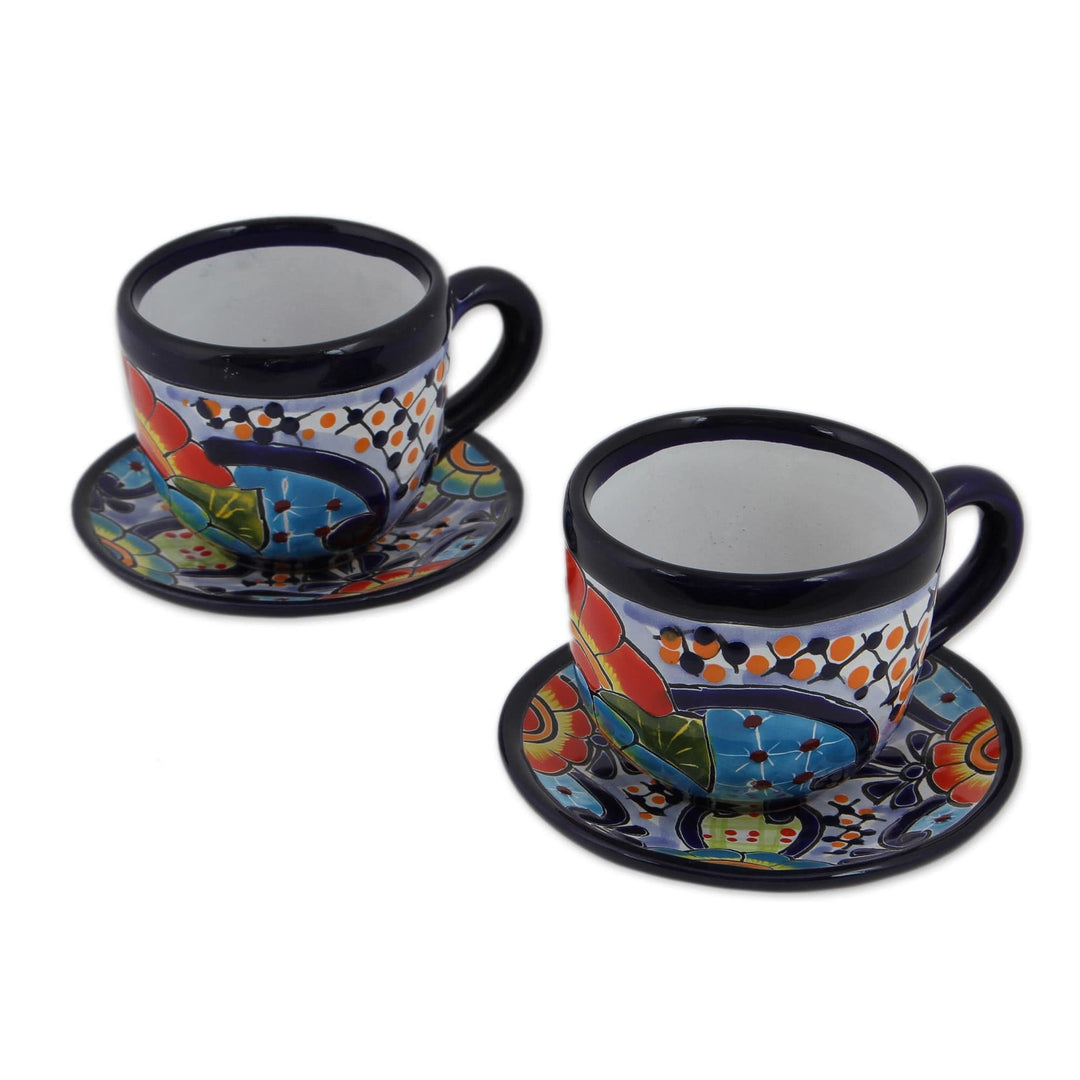 Talavera Style Ceramic Cups and Saucers from Mexico (Pair) - Raining Flowers