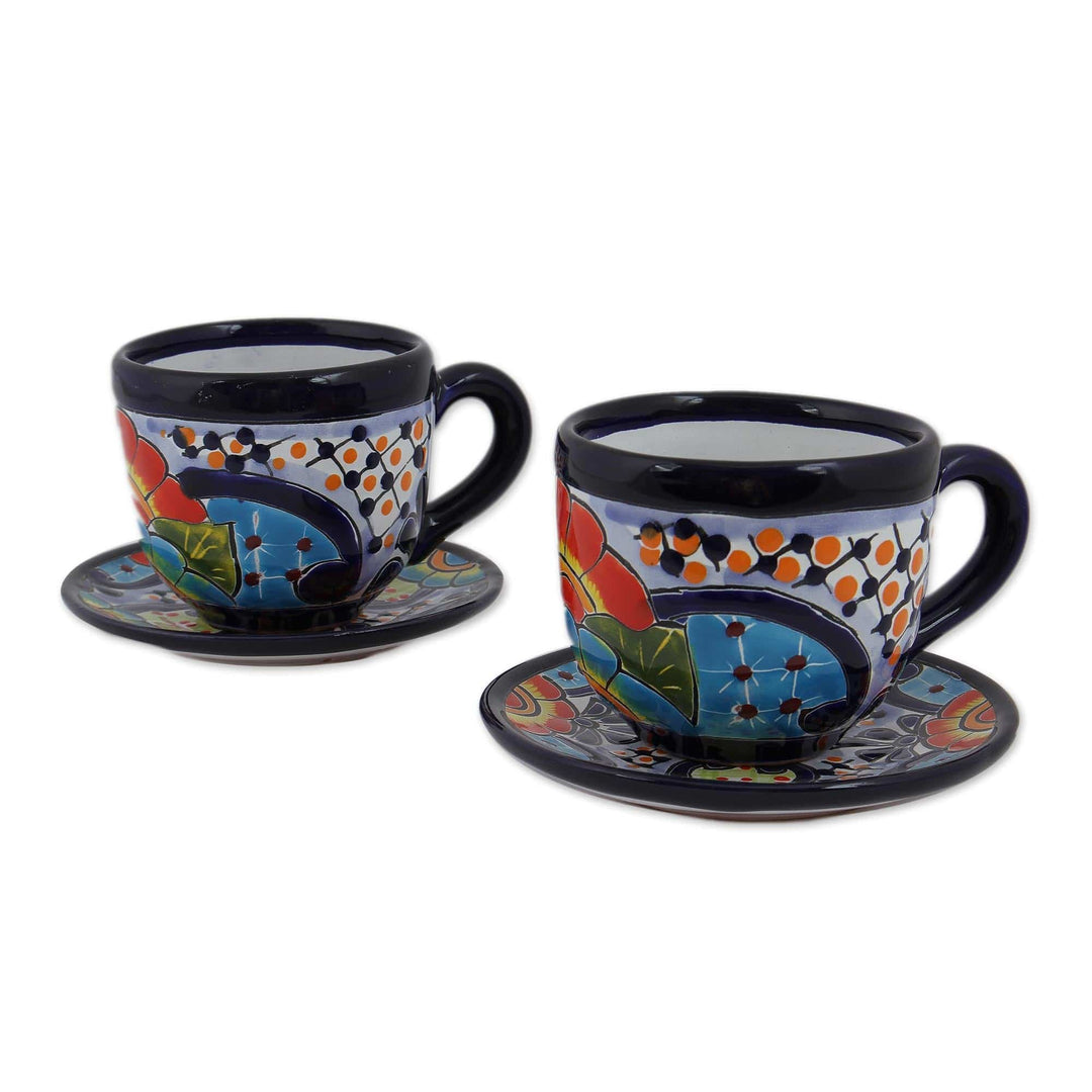 Talavera Style Ceramic Cups and Saucers from Mexico (Pair) - Raining Flowers