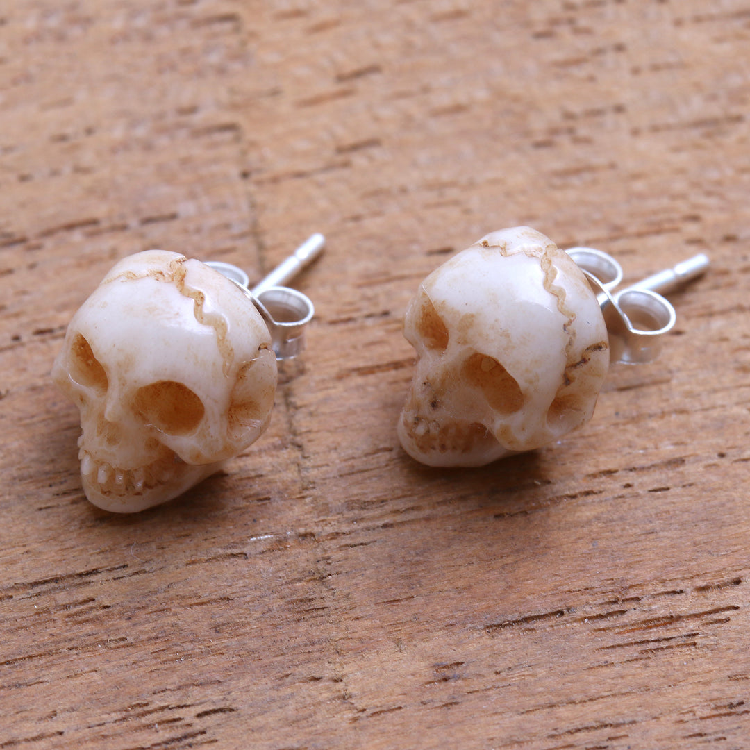 Hand-Carved Skull Bone Stud Earrings from Bali - Faces of Trunyan