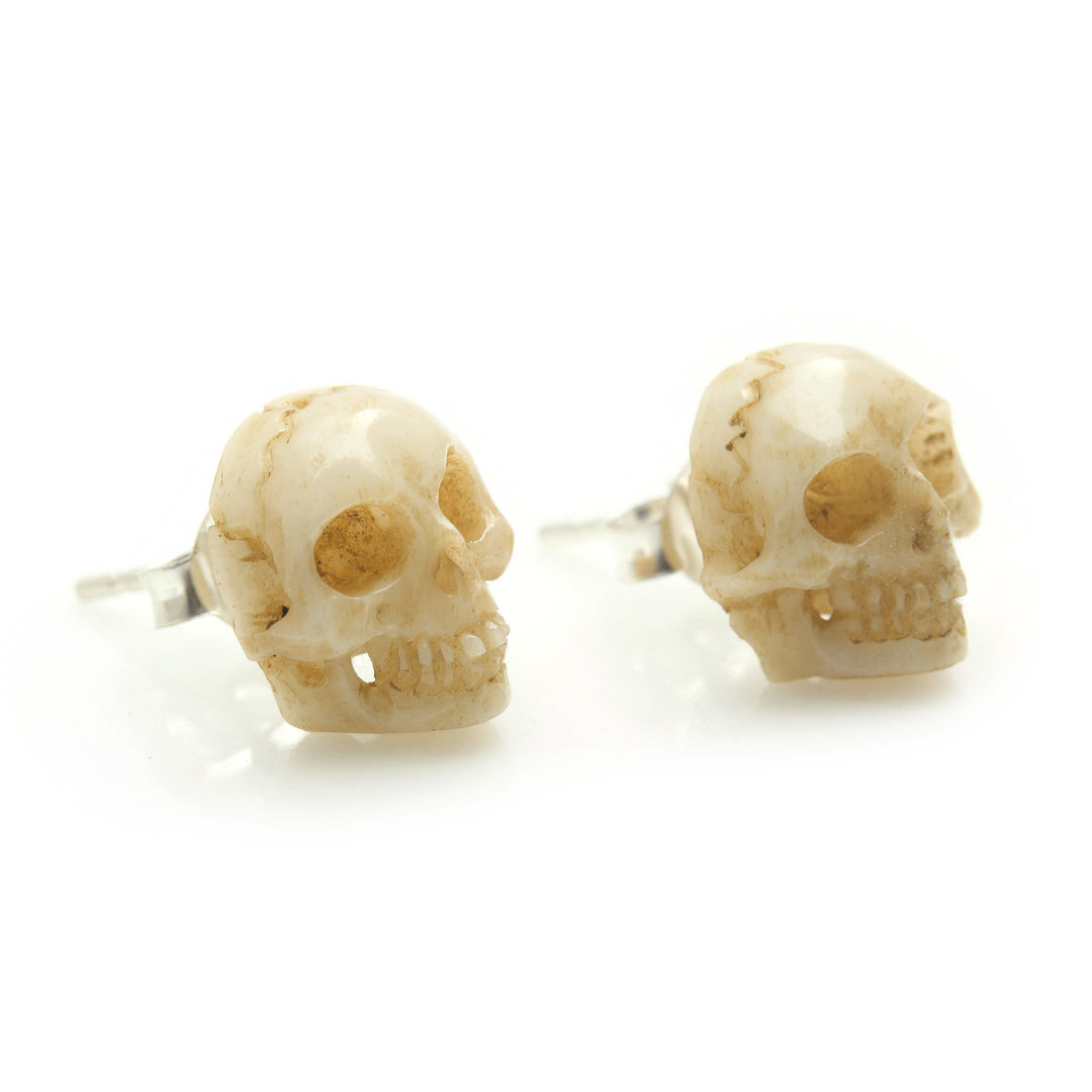Hand-Carved Skull Bone Stud Earrings from Bali - Faces of Trunyan