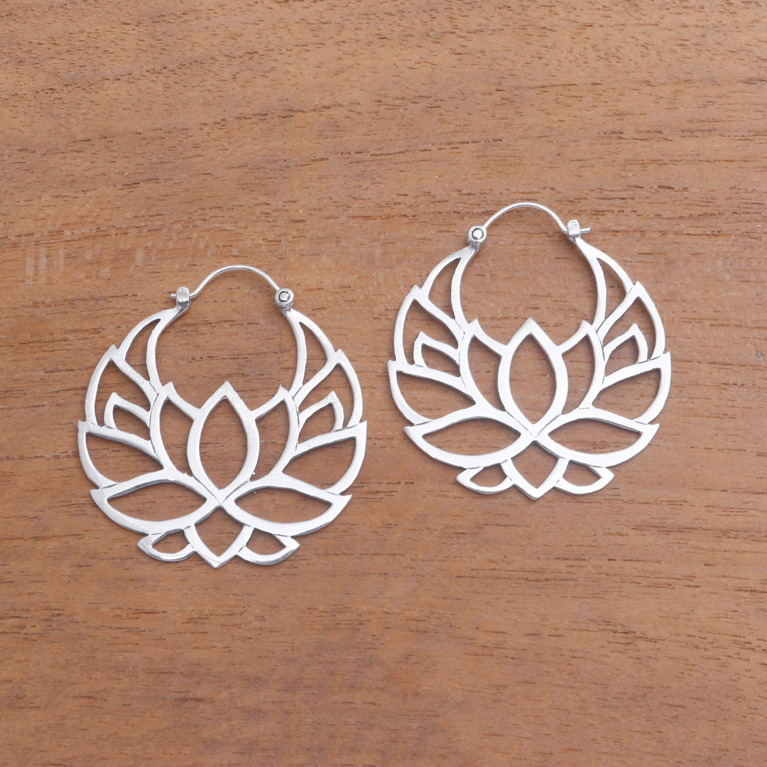 Sterling Silver Lotus Flower Hoop Earrings (1.5 inch) - Elegant Padma