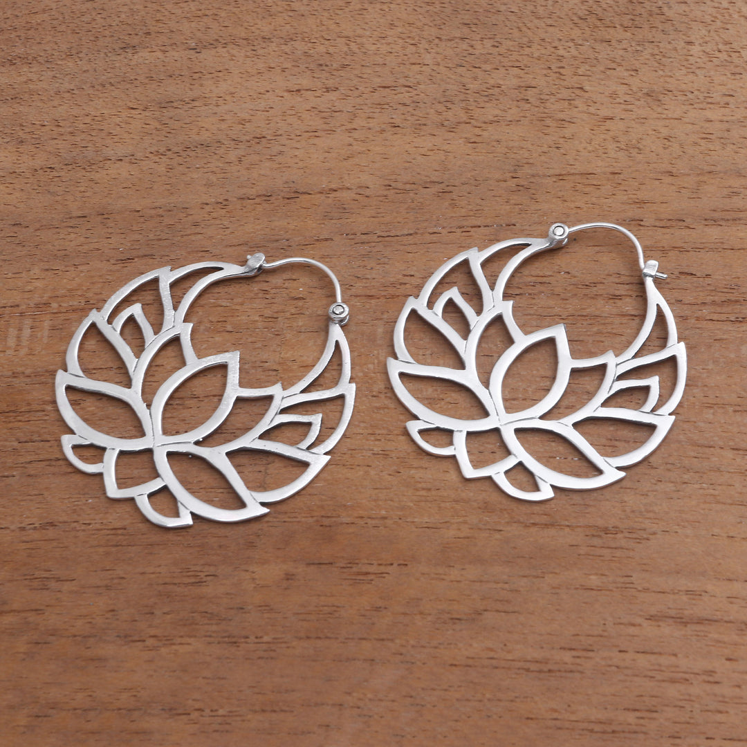 Sterling Silver Lotus Flower Hoop Earrings (1.5 inch) - Elegant Padma