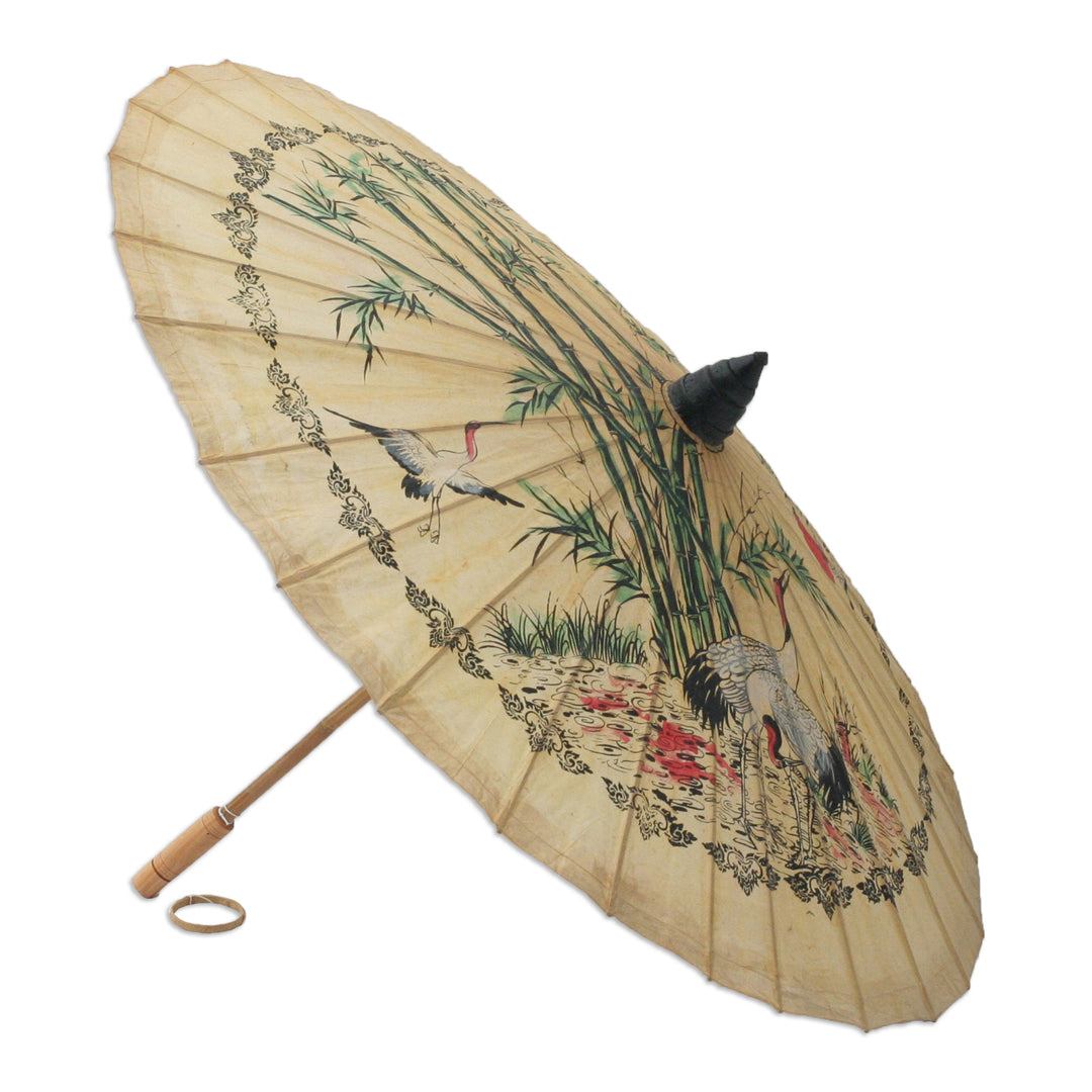 Paper And Bamboo Parasol with Asian Crane Motif - Crane Morning
