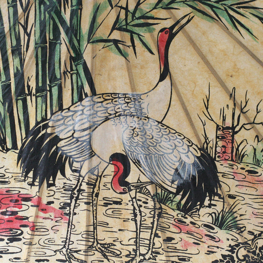 Paper And Bamboo Parasol with Asian Crane Motif - Crane Morning