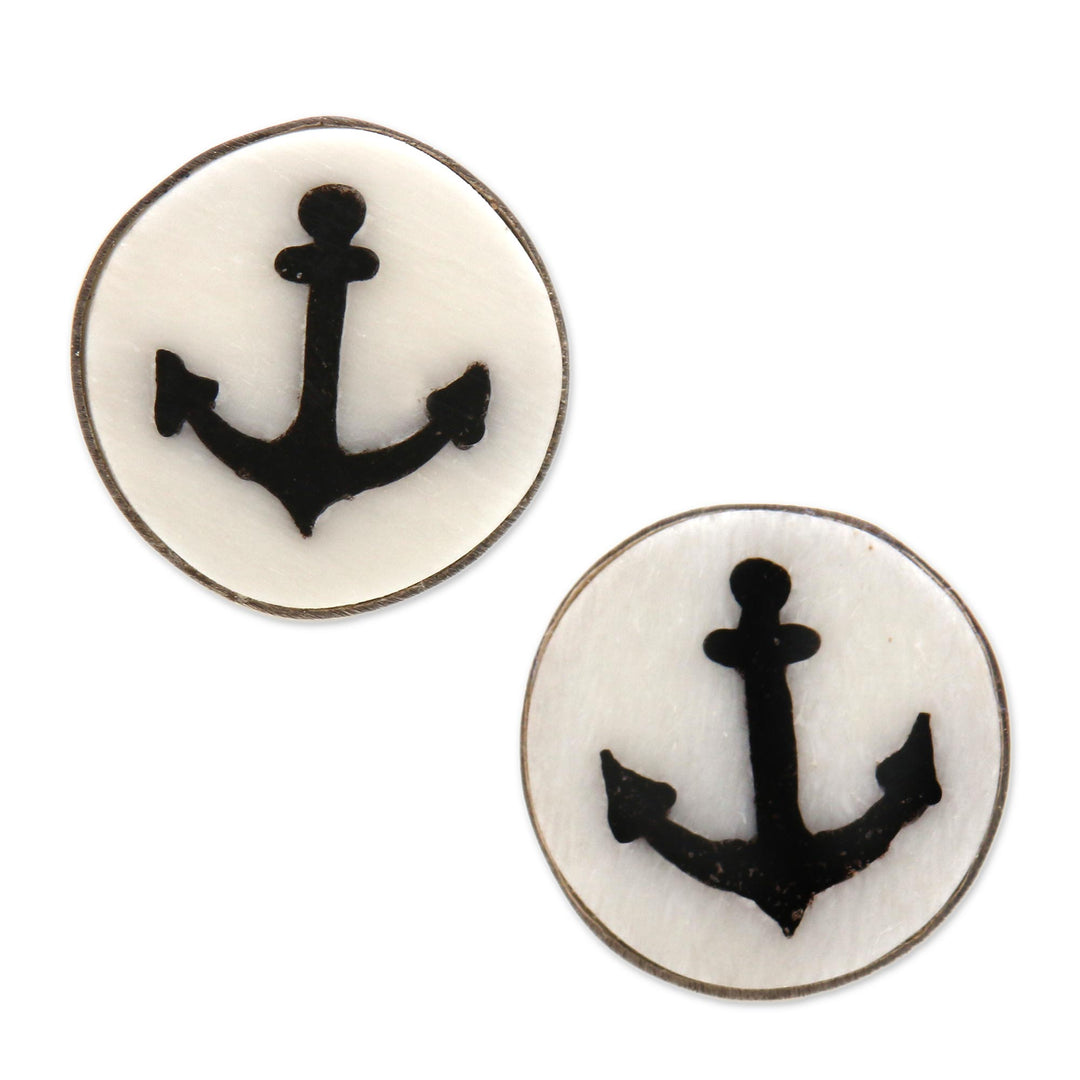 Anchor Motif Bone Stud Earrings from Bali - Black Anchor