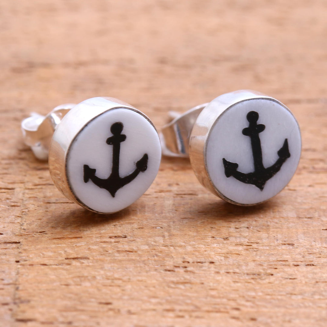 Anchor Motif Bone Stud Earrings from Bali - Black Anchor