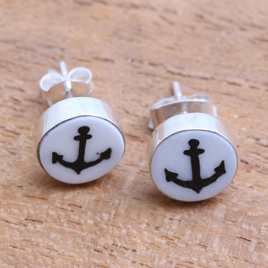 Anchor Motif Bone Stud Earrings from Bali - Black Anchor