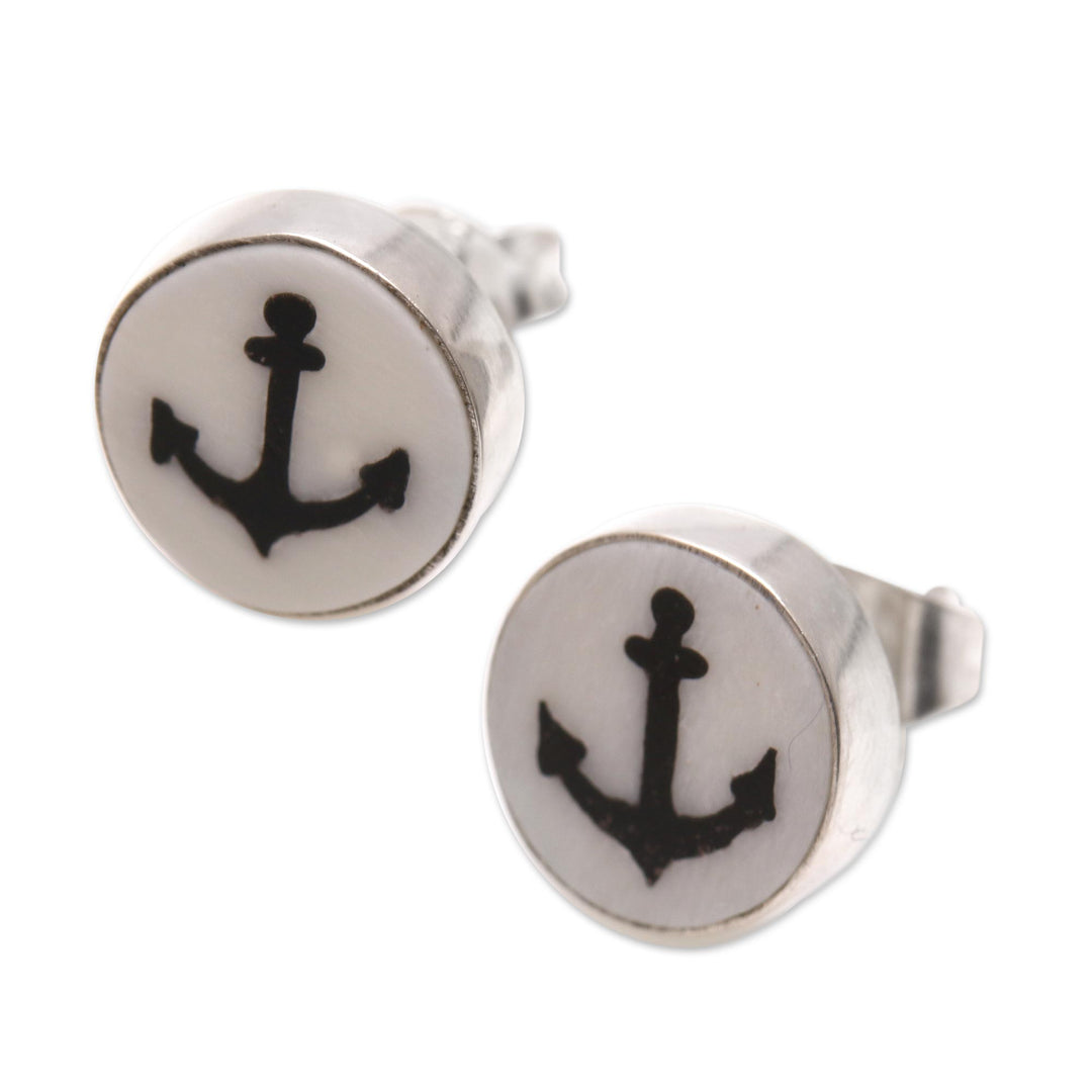 Anchor Motif Bone Stud Earrings from Bali - Black Anchor