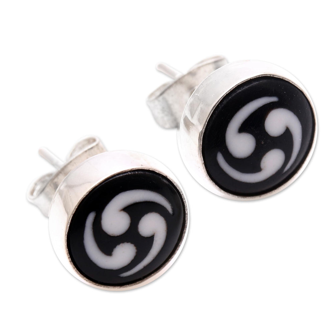 Black and White Bone Stud Earrings from Bali - Tribal Wonder