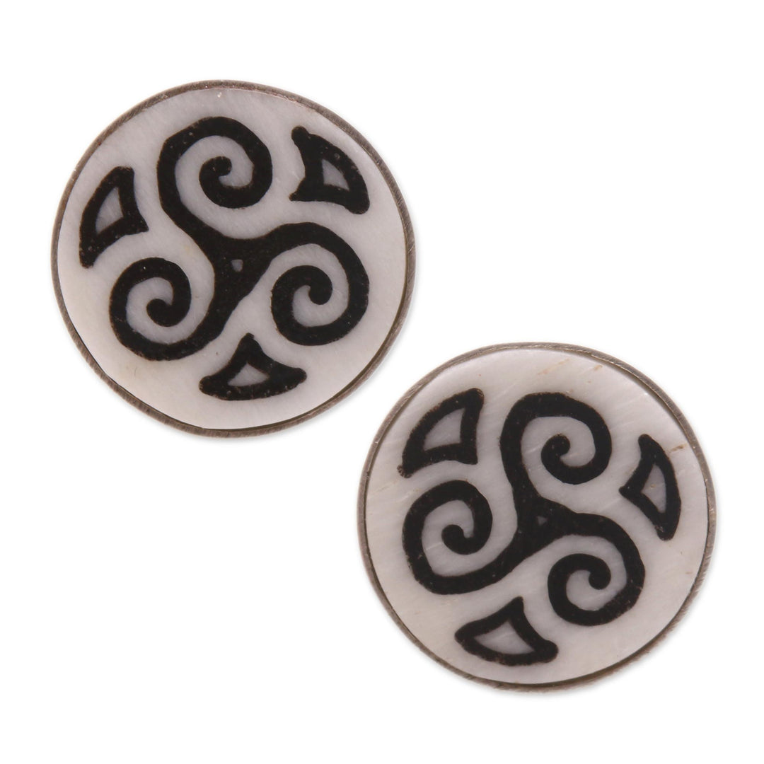 Spiral Motif Bone Stud Earrings from Bali - Tribal Symmetry