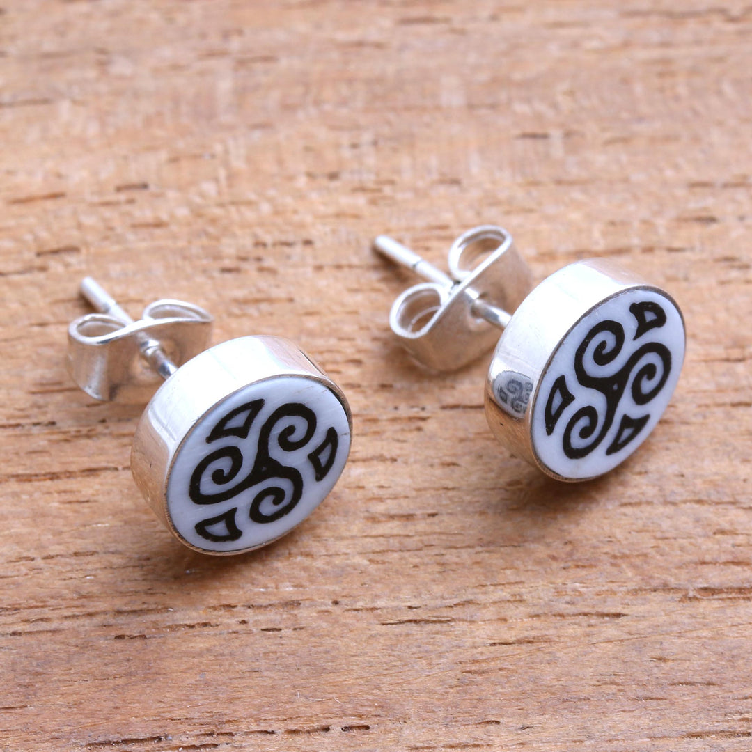 Spiral Motif Bone Stud Earrings from Bali - Tribal Symmetry