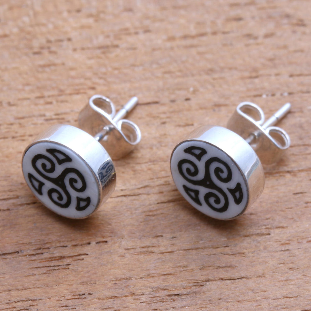 Spiral Motif Bone Stud Earrings from Bali - Tribal Symmetry