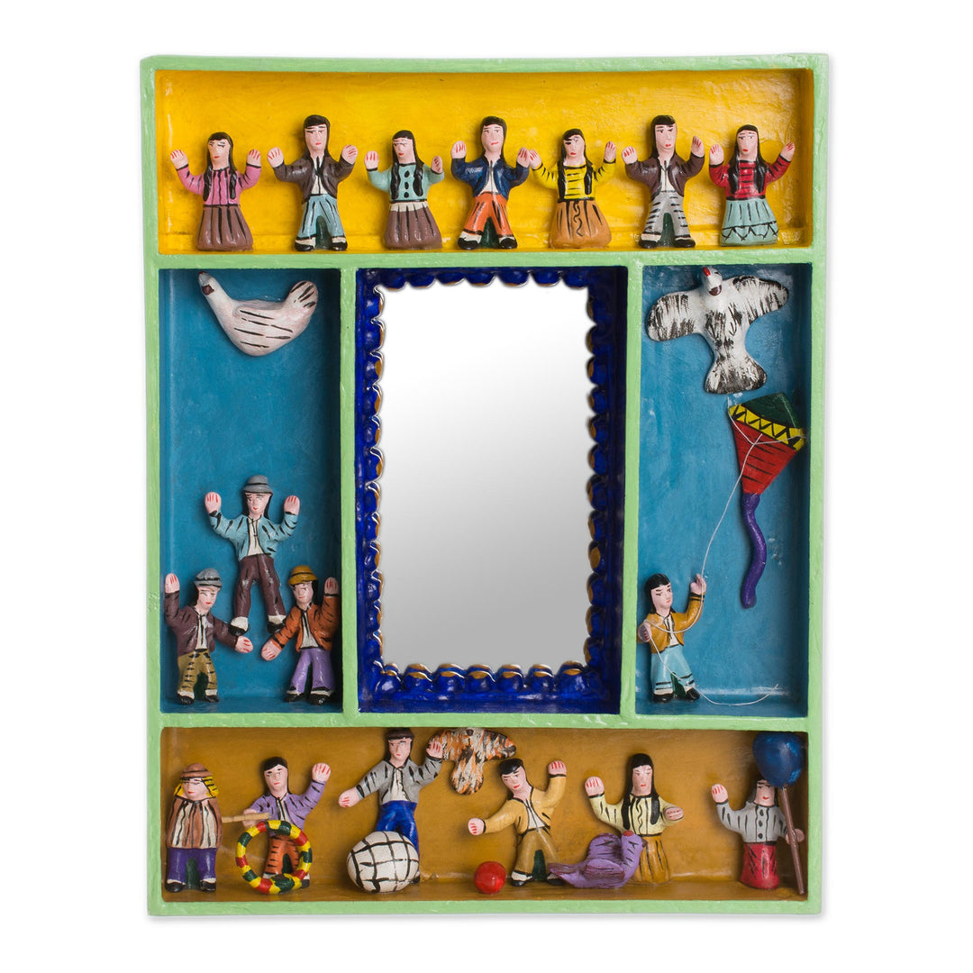 Hand-Painted Wood Ceramic Retablo Wall Mirror from Peru - Children at Play