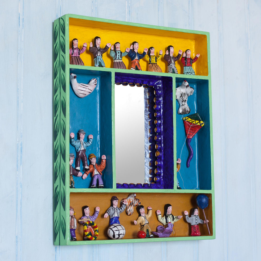 Hand-Painted Wood Ceramic Retablo Wall Mirror from Peru - Children at Play