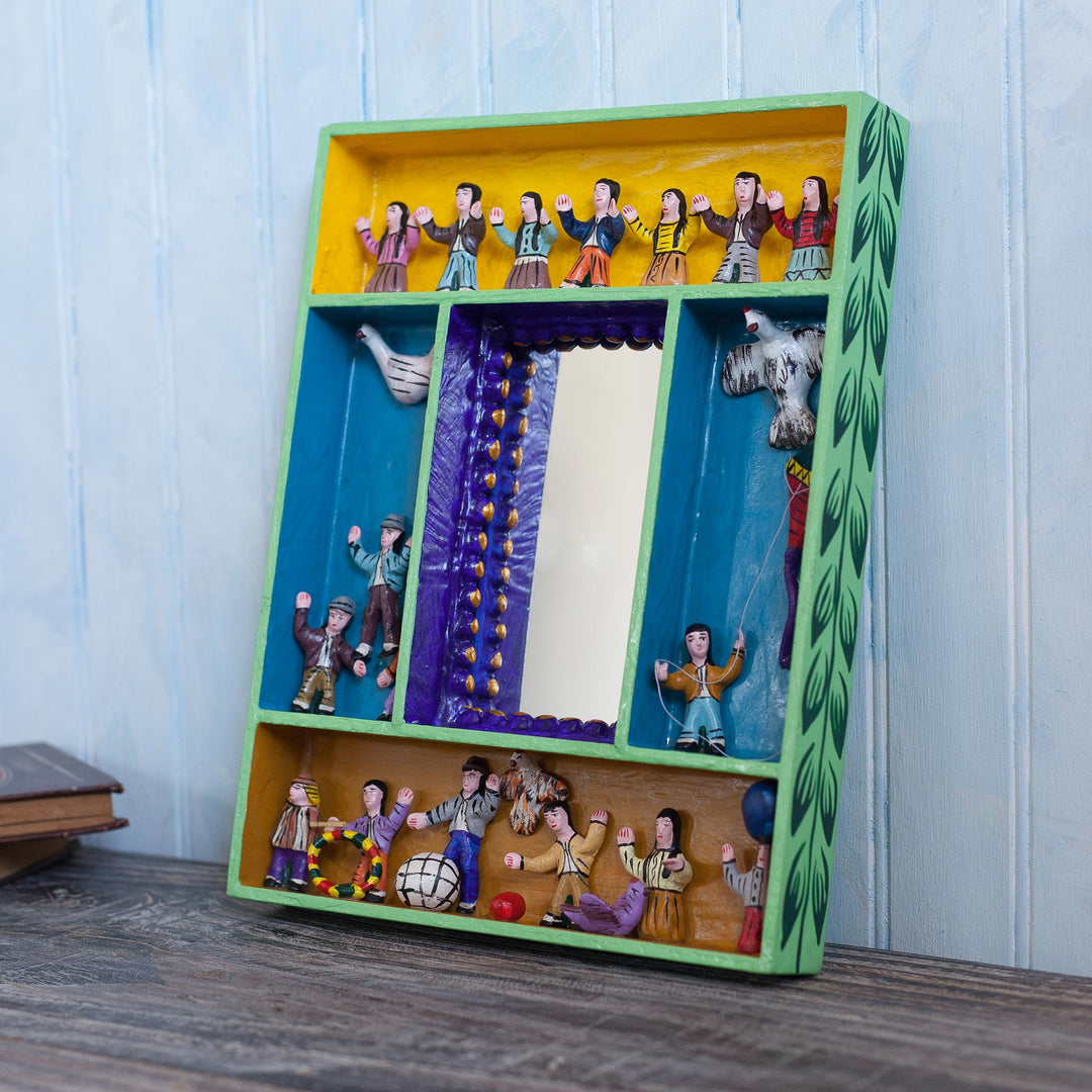 Hand-Painted Wood Ceramic Retablo Wall Mirror from Peru - Children at Play